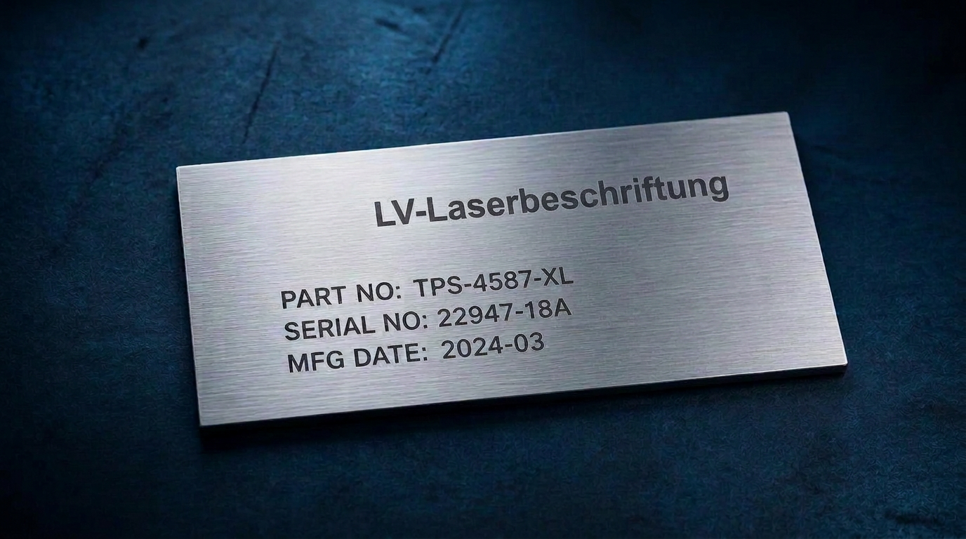 Flaches Edelstahl-Schild mit lasergravierter Seriennummer und Artikelnummer